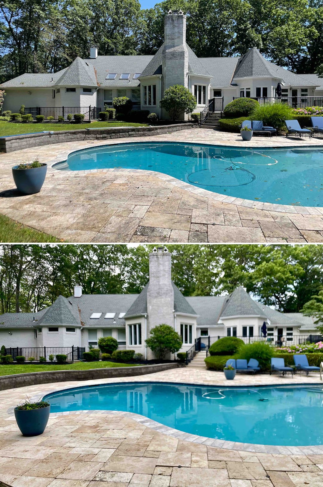 Lincroft NJ Estate Restoration: Stucco Soft Wash, Travertine Pool Deck Cleaning & Roof Moss Removal Thumbnail